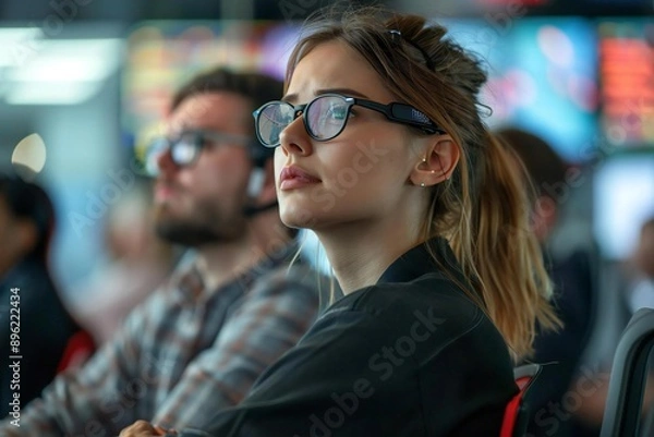 Fototapeta Futuristic idea: Implement AI-powered ergonomic chairs that adjust based on posture.  Young attractive businesswoman with eyeglasses and a well-groomed bearde employee experiencing back pain