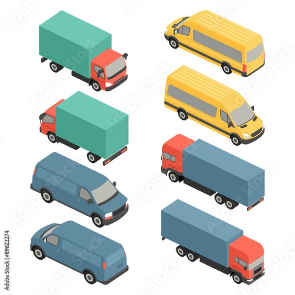Fototapeta Flat 3D izometryczne ikony transportu miasta. Samochodowa furgonetka i ciężarówka