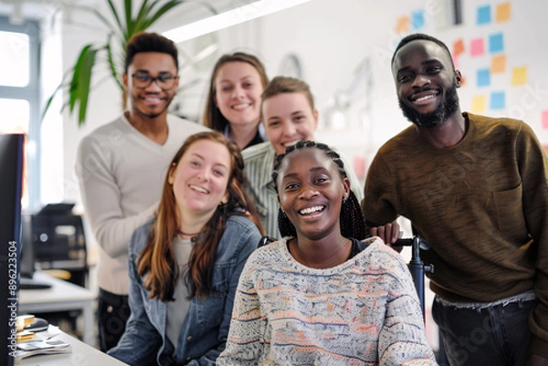 Fototapeta Corporate portrait of a working team with multiracial and disabled members