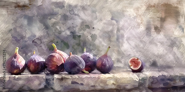 Obraz watercolor fig fruits on the stone, fresh fig stones, generative AI