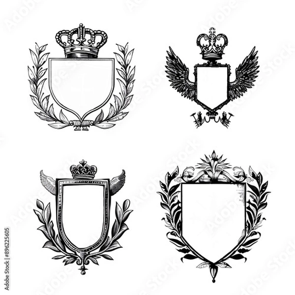 Fototapeta Vintage set of engraving medieval royal coat of arms, shields with crowns, laurel wreaths and wings