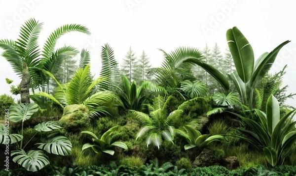 Fototapeta A vibrant tropical rainforest garden with lush green foliage, moss-covered rocks, ferns, and large leaves set against a misty forest backdrop.