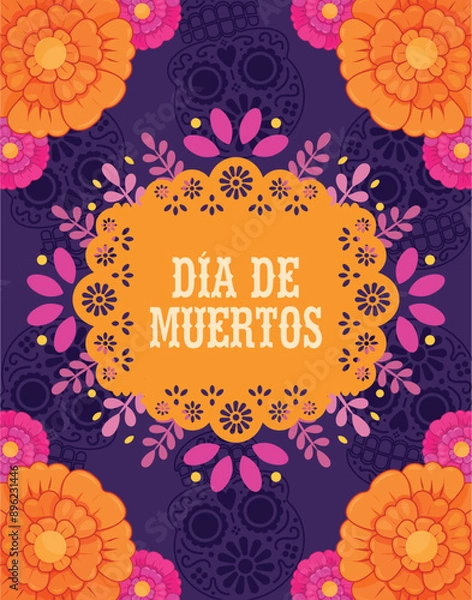 Obraz cartel día de muertos México, papel picado anaranjado adornado con flores de cempasúchil en fondo morado con calaveritas