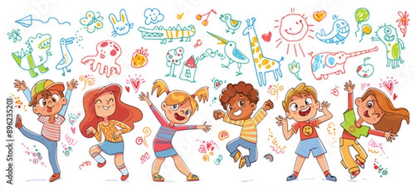 Obraz Children painting freehand doodles with crayon. Kids draw on the wall. Children joyfully jumping, dancing and grimace at camera. Art education in elementary school. Funny cartoon character