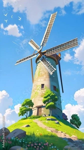 Fototapeta windmill in the field of wheat