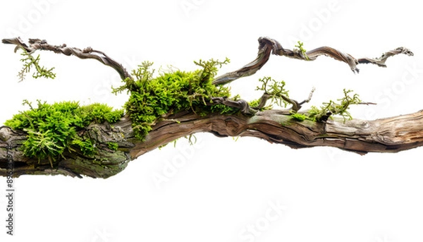 Fototapeta Dry tree branch with moss isolated on white