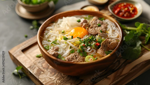 Fototapeta Bowl of delicious rice noodle soup with meat and egg on wooden board, closeup