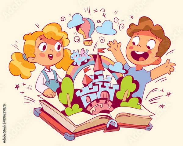 Obraz Children reading magic book. Transformer book with paper volume castle. Pop-up book. Colorful cartoon character. Funny vector illustration. Isolated white background