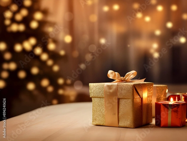 Fototapeta Christmas-themed mock-up wooden table with presents, blurred lights in the background, festive atmosphere