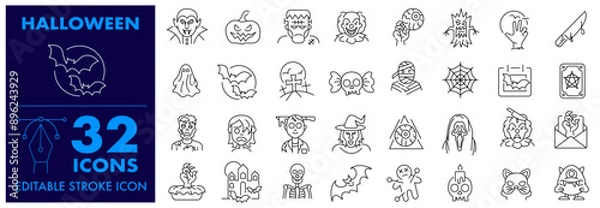 Fototapeta Halloween and Thanksgiving, Editable Stroke Icon. Included Dracula, mask, Clown of murderer, bat and cute ghost, abandoned house, Vampire, Happy Halloween Season pumpkins, Autumn and More