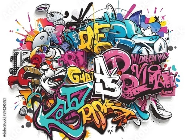 Fototapeta Vibrant Streetwear Graffiti Sticker Design with Colorful Abstract Patterns and Shapes on a White Background