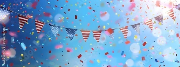 Fototapeta Garland with bunting american flags with confetti and ribbons on blue sky. Decoration for 4th of July, Labour Day, Independence Day, Veterans Day. Celebration concept for greeting card, banner