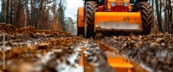 Fototapeta A Steamroller In New Road Construction, Representing Smoothness And Progress