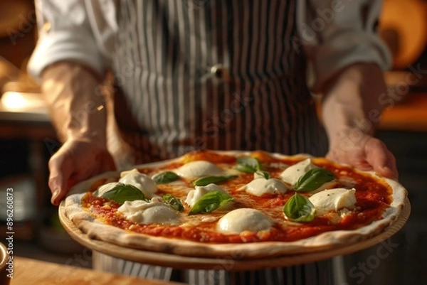 Fototapeta Chef presenting a freshly baked pizza with melted cheese and basil leaves. Pizza margherita hot and ready. Delicious Italian cuisine at its best. Style is artisanal. Generative AI