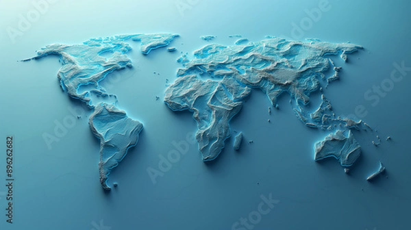 Fototapeta A 3D representation of the world map, with continents and oceans distinctly outlined. The continents, including North America, South America, Africa, Europe, Asia, Australia, and Antarctica