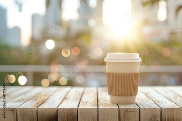 Obraz Carton coffee cup mockup on wooden table , summer blurred city background , stock template