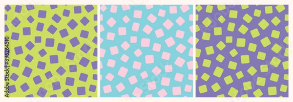Fototapeta Fun playful bundle of blue, pink and lime green rectangles seamless repeat pattern. Random placed, vector geometric shaped aop, all over surface print set.
