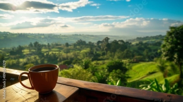 Fototapeta Stunning view from a balcony overlooking a beautiful landscape, with a cup of coffee on the railing
