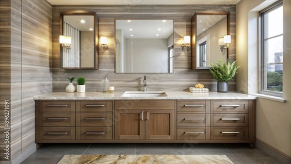 Fototapeta Modern bathroom vanity features a sleek quartz countertop with a stylish sink and ample copyspace for text, surrounded by elegant fixtures and a neutral background.