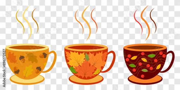 Fototapeta Set of colored cups with a pattern of autumn leaves, berries and acorns, vector. Autumn cup design.