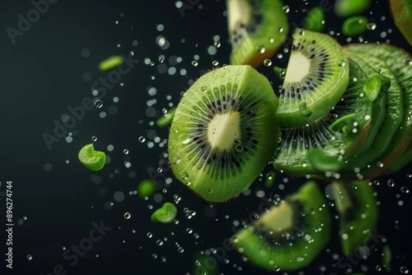 Obraz A kiwi explosion with bright green slices and seeds scattering outward, banner, with copy space