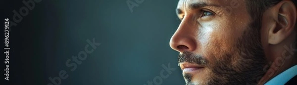 Fototapeta A businessman in expectation, leaning forward with anticipation in a minimalist office with a blank background, closeup shot, high contrast lighting, expressive portrait style