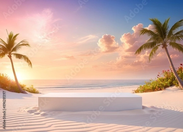 Fototapeta Translucent Acrylic Podium Centered Tranquil Beach White Sands Coastal Feel
