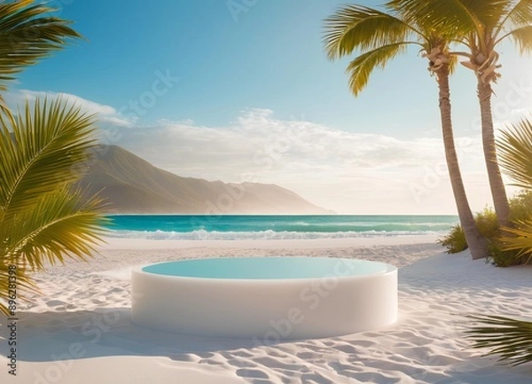 Fototapeta Sleek Acrylic Podium Empty Top Smooth White Sands Beach Backdrop Gentle Waves
