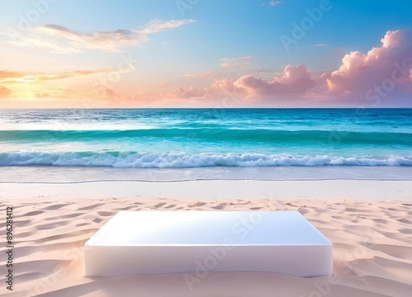 Fototapeta Empty Top Acrylic Podium Coastal Display Tranquil Beach White Sands Waves
