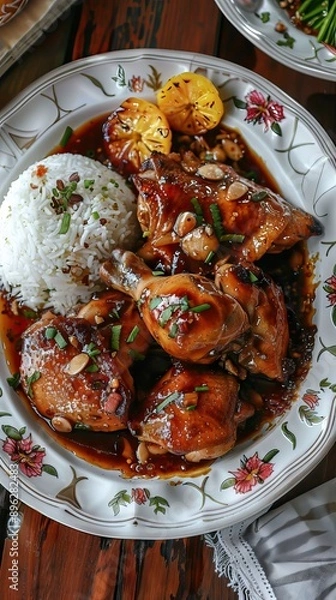 Obraz Delicious Filipino Food: Adobo chicken with herbs close-up on a plate on the table. AI generated illustration