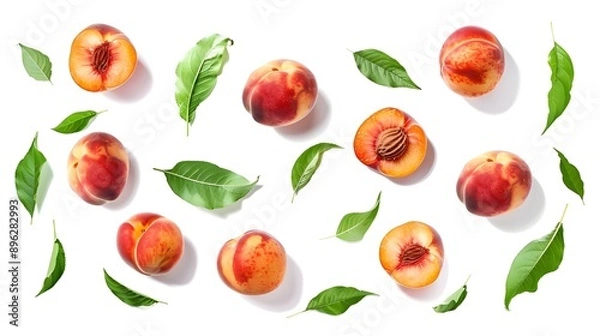 Fototapeta Mix of peaches and apricots with leaves.
