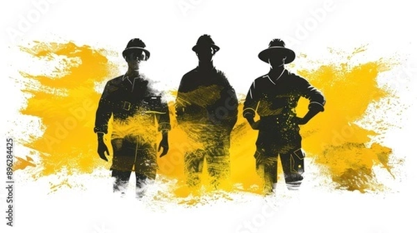 Fototapeta Three men in military uniforms stand in front of a yellow background