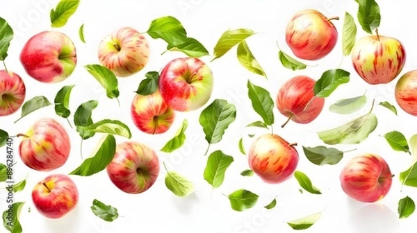 Obraz Apples and pears with green leaves dynamically scattered on a white background.