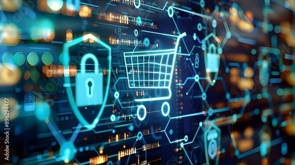 Fototapeta Digital shopping cart icon with a lock symbol on a futuristic interface.