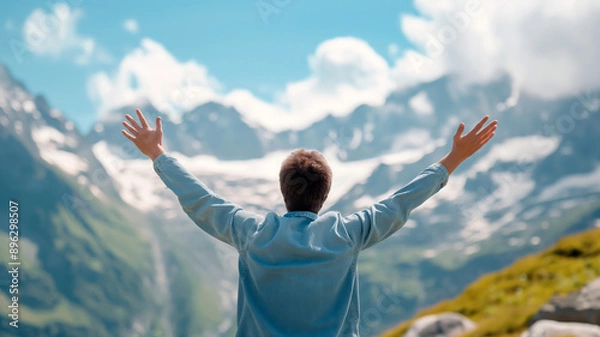 Fototapeta A man with outstretched arms enjoying the majestic view of snow-capped mountains under a bright blue sky.
