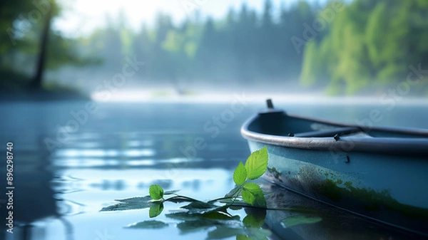 Fototapeta Close up a serene scene of a boat by the lakeside, surrounded by lush greenery and mist.