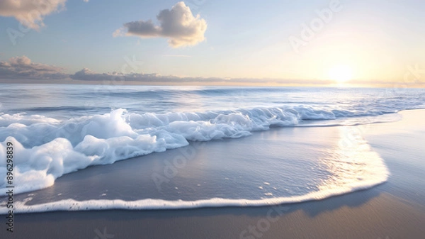 Fototapeta Soft waves roll onto the sandy beach as the sun rises, casting a golden glow over the serene ocean.