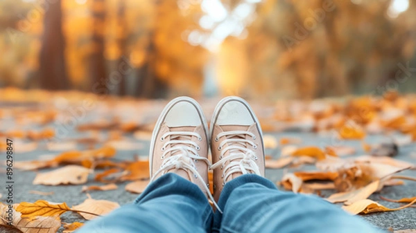 Fototapeta A person sits on a path covered with fallen autumn leaves, wearing casual sneakers and enjoying the serene atmosphere of the season.