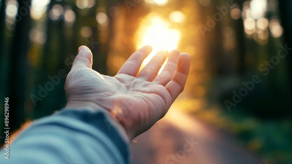 Fototapeta Close up of a hand stretches out towards the warm glow of the setting sun in a tranquil forest path.