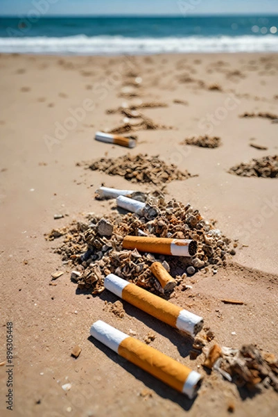 Fototapeta A pile of used cigarette butts thrown on the sand of a beach. Environmental pollution concept.