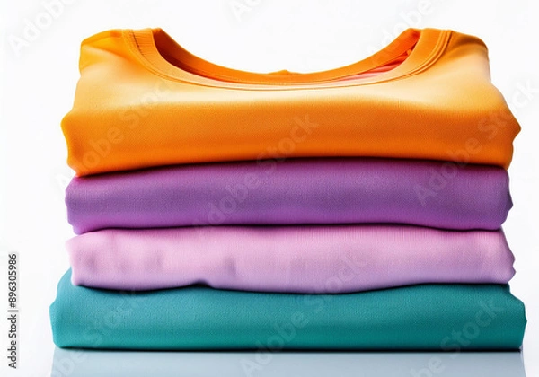 Obraz A stack of clean, neatly folded colorful clothes in pink, blue, yellow, green, and orange, viewed from the front on a white background.  the vibrant and pristine appearance of the and colorful themes.