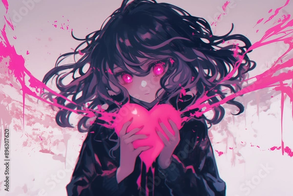 Fototapeta Heart of Light: Anime Character Holding a Glowing Pink Heart, Radiating Magic and Emotion