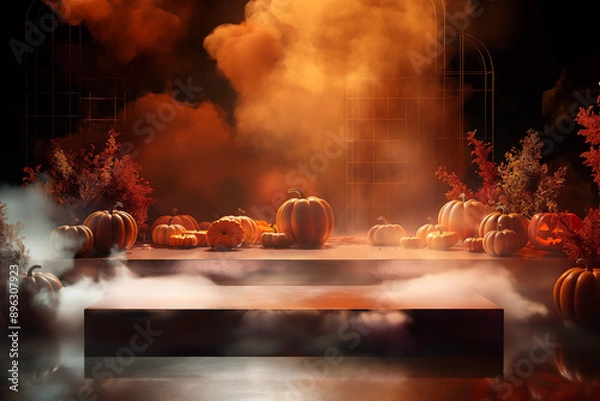 Fototapeta Spooky Halloween Scene with Glowing Pumpkins, Jack O’Lanterns, Eerie Smoke, and Haunted Atmosphere