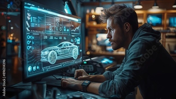 Obraz Man Designing Car Using Computer Software