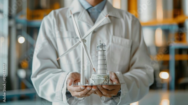 Obraz Engineer Holding Model of Wind Turbine and Offshore Platform