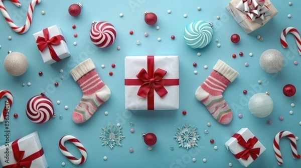 Obraz Minimalist Flat Lay: Christmas Gifts, Socks, and Candy on a Bright Background