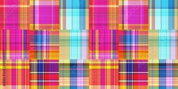 Fototapeta Cozy plaid patterns seamless border background in colorfull autum fall home decor. Woven patchwork style effect for seamless edging banner