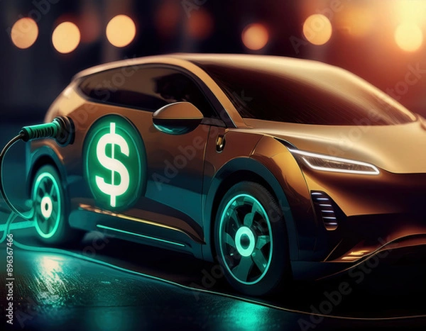 Fototapeta Modern electric car at charging station with $ sign representing financial savings and green energyGenerated image