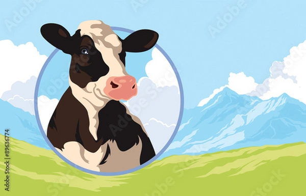 Fototapeta Label with a cow on a background of nature