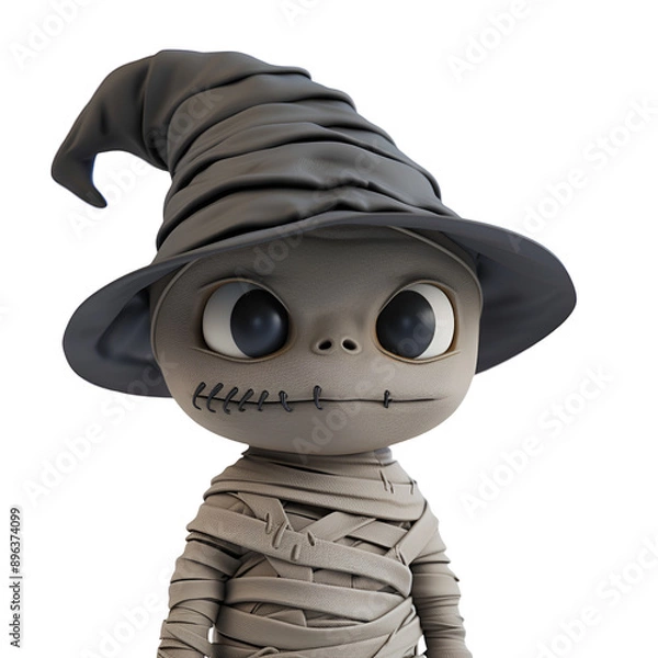 Fototapeta Close Up Cartoon Illustration of a Cute Mummy with Witch Hat Halloween Character 3D Render, Isolated on Transparent Background, PNG
